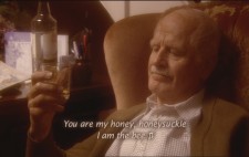 Old Walter sits in a comfortable chair gazing at his glass of whisky. Along the base of the screen, superimposed onto the picture, is the caption 'You are my honey, honeysuckle, I am the bee', followed by a music note symbol.