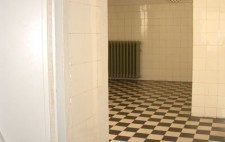 A photograph taken through the doorway into a medium sized room with white tiled walls and black and white chequered floor. A narrow green pipe runs across the ceiling to a shower head. On the wall is a radiator and a round fisheye mirror which reflects back the whole space to those outside the room.