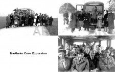 A monochrome archive postcard entitled ‘Hartheim Crew Excursion’ shows photographs of staff in civilian clothes looking relaxed. In one image, a group of about thirty staff, young and middle-aged, are grouped around the front of a bus in open countryside before they board. A second group shows a smaller group in front of the bus, with others boarded, and snow on the ground. The third image shows the bus crammed with staff, looking towards the camera for a holiday snap.