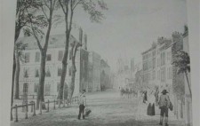 Black and white print taken from a watercolour. A cobbled street and pavement lead around the edge of the Square. A wooden-rail fence on the left marks the boundary of the grassy, tree-lined centre of the Square. The outer edges are lined with elegant three-storey houses. People walk along the pavements to the right of the picture and a horse-drawn carriage makes its way along the street.