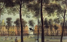 A colour-tinted print show the Square, with gravel paths cutting through expanses of grass and bordered by mature trees and elegant Georgian houses. People stroll, play and recline leisurely in the grounds. In the centre is a raised statue of a figure on horseback.