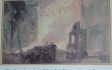 A reproduction of a watercolour shows the Mayor’s House consumed by fire, its stone walls collapsing inwards, while people gather all around in the tree-lined Square.