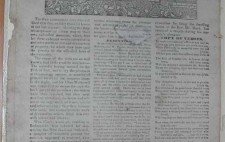 A full page from a newspaper. Above three long columns of text, a headline 'Trial and Execution of Clark, Davis, Gregory, and Kayes for Riot and Arson,' the executions having taken place that morning in front of Bristol New Gaol. The headline is followed by an illustration of the four men hanging from a gibbet above the gaol gates set into a high brick wall, a large crowd gathered below.
