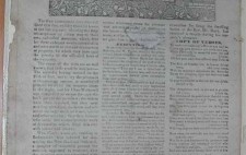 A full page from a newspaper. Above three long columns of text, a headline 'Trial and Execution of Clark, Davis, Gregory, and Kayes for Riot and Arson,' the executions having taken place that morning in front of Bristol New Gaol. The headline is followed by an illustration of the four men hanging from a gibbet above the gaol gates set into a high brick wall, a large crowd gathered below.