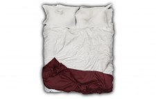 A two-dimensional image of an empty bed, photographed and mounted onto a white background, white quilt, & pillows with imprint from a head.