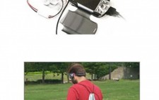 Two photographs. The first shows a hand-held GPS-connected computer and a satellite receiver the size of a large matchbox. The second shows them being worn by a user in a small backpack, with a cable running up to earphones.