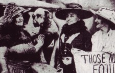 A newspaper cutting shows Helen and Annie standing by a motor car, with Franklin Ardeff and Miss Margaret Vail, all smiling, and with Helen's dog Sieglinda. Miss Vail holds a poster reading 'Those not for Equity - only 27 (guaranteed harmless spirits back)'