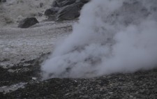 Out of shingle and seaweed rises a column of steam.