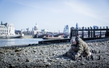 On a wide shingle foreshore, St Paul’s and the London skyline as a backdrop, Liz adds another figure to a group on the shingle.