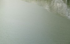 A swathe of intensely rippled water gives way to stiller water that reflects back the light.
