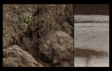 Screen is split vertically into three. Left and centre show mud bank, spotted with vegetation. Right shows fast flowing river, catching the light.