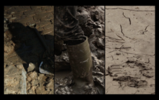 Screen is split vertically into three. Left show a path of old paving setts. Centre, a leg encased in a muddy wellington boot. Right, flattened mud, cracked and with imprint of boot.