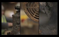 Screen is split vertically into three. Left and centre show machine parts, mud-caked and rusted. Right shows a hand coated in thick, claggy mud, pushing a small wedge of clay as it is processed ready for sculpting.