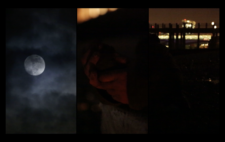 Screen is split vertically into three. Left is a full moon, billows of dark cloud encroaching. Centre, almost invisible in darkness, two hands catch urban light, sculpting a chunk of clay. Right, darkness gives way to the lights of cityscape in the distance: illuminated bridge, illuminated bus.