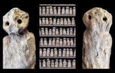 Screen is split vertically into three. Left and right show two completed sculpted figures, now dried, rugged and rough hewn, against black backdrop. Centre, the figures arrayed en masse on shelves.