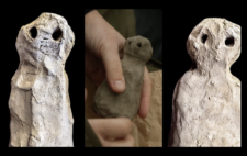 Screen is split vertically into three. Left and right are two of the completed figures, dried, rugged and rough hewn, against black backdrop. Centre is one of the figures cradled in the artist's hands, being wrapped in brown paper.