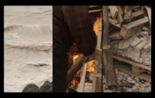 Screen is split vertically into three. Left is brown, choppy water. Centre, the bonfire is alight. Right the bonfire is built, the figures stacked within, enclosed in wire mesh.