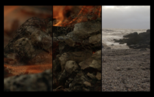 Screen is split vertically into three. Left and centre, figures can be glimpsed, encased in wire netting, licked by flames. Right, the foreshore (Ladye Bay) leads to the ocean, the tide coming in over a dark, rocky outcrop.