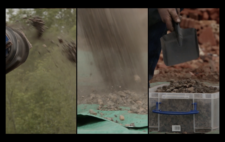 Screen is split vertically into three. The conveyor belt spews the broken pieces into air. Centre, they rainn down on green tarpaulin. Right, shovelled into a plastic tub, heaped high.