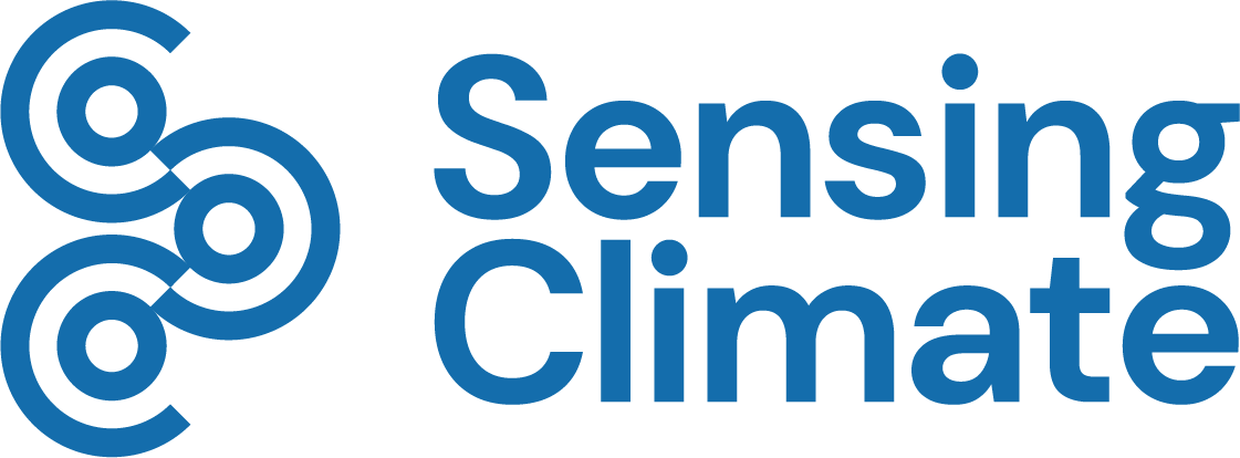 In an echo of the project’s initials, 'S' and 'C', three small circles, each inside its own larger circle, broken open, all in a shade of bright blue. Two are stacked, facing right. The third faces left, almost interlocking the others. To the right are the words 'Sensing Climate'.